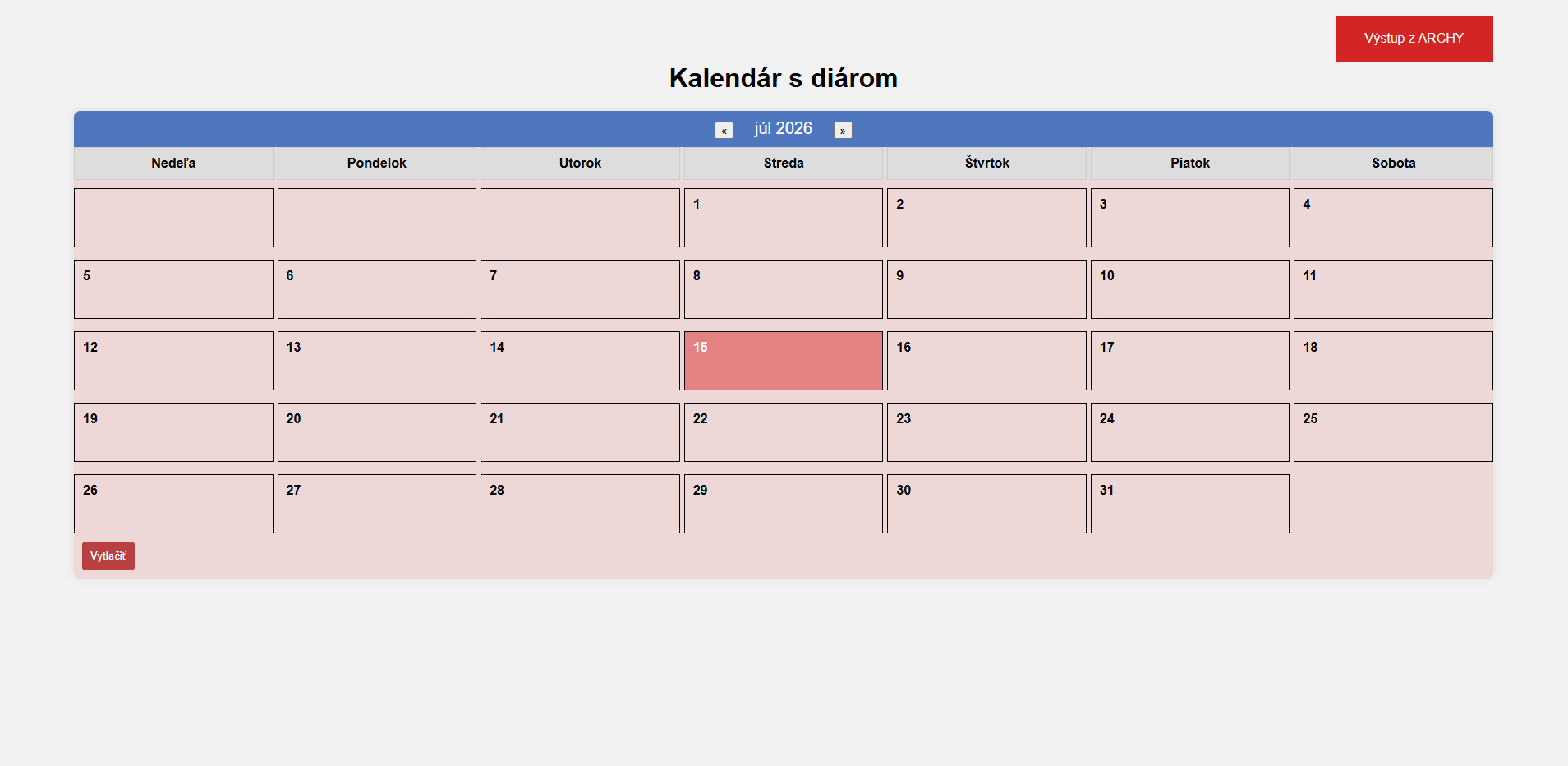 Skúšobná verzia ARCHA: Kalendár s diárom