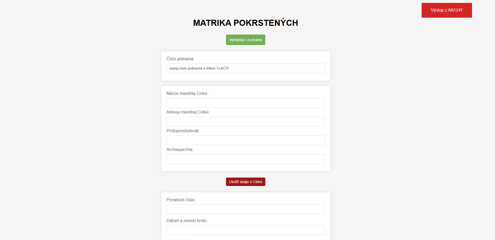 Skúšobná verzia ARCHA: Matrika pokrstených